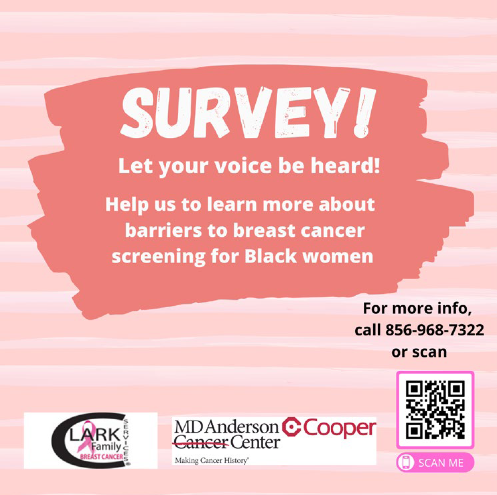 The five-year survival rate for early stage breast cancer (Stage 0-1) is nearly 100%. Make sure to schedule your mammogram appointment today! Tell us about your mammogram experiences by completing the SGMYH survey. Scan the QR Code or call 856-968-7322 today!